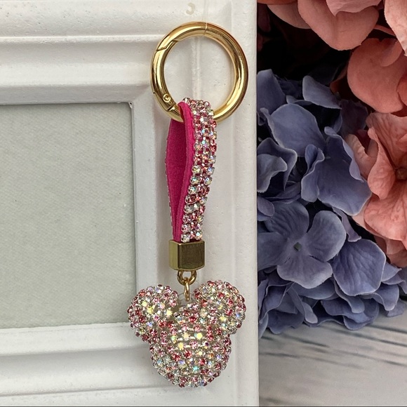 Accessories - Chic Multicolor Pink Crystal & Leather Mickey Mouse Keychain